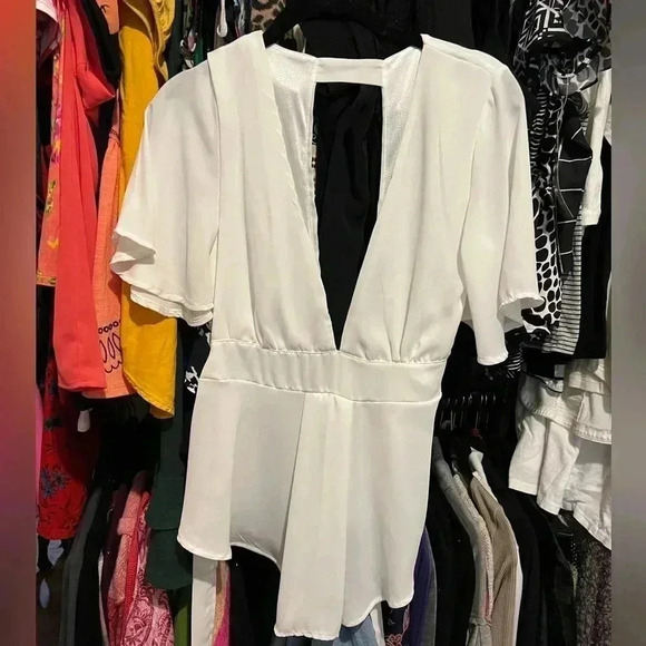 White Deep Plunge Dressy Top Peplum Chiffon Satin - Picture 10 of 10